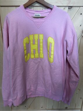 CHI O Sorority Pink Crewneck Sweatshirt with Yellow Lettering